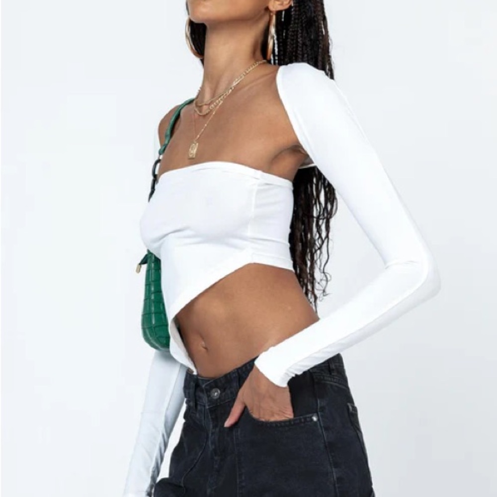 Princess Polly White Asymmetrical Long Sleeve Crop Top